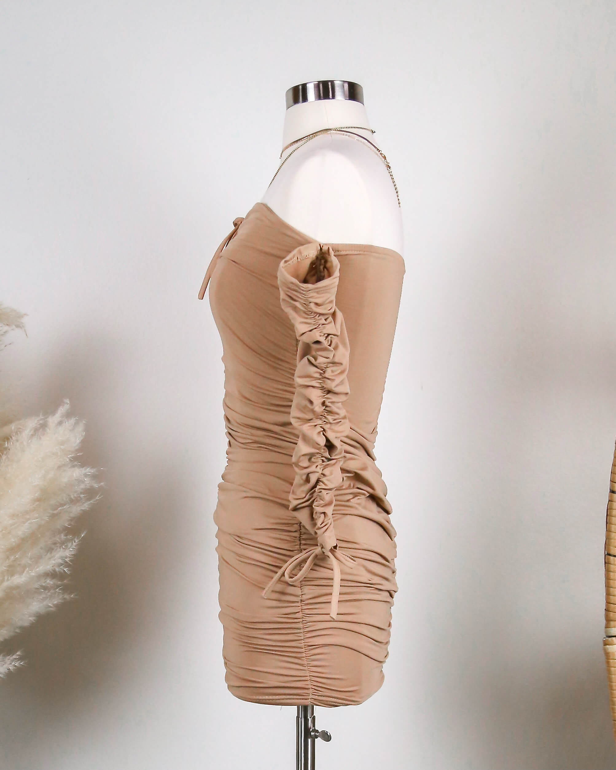 FlirtyHourFleeceLinedRuchedMiniDressinBROWN3